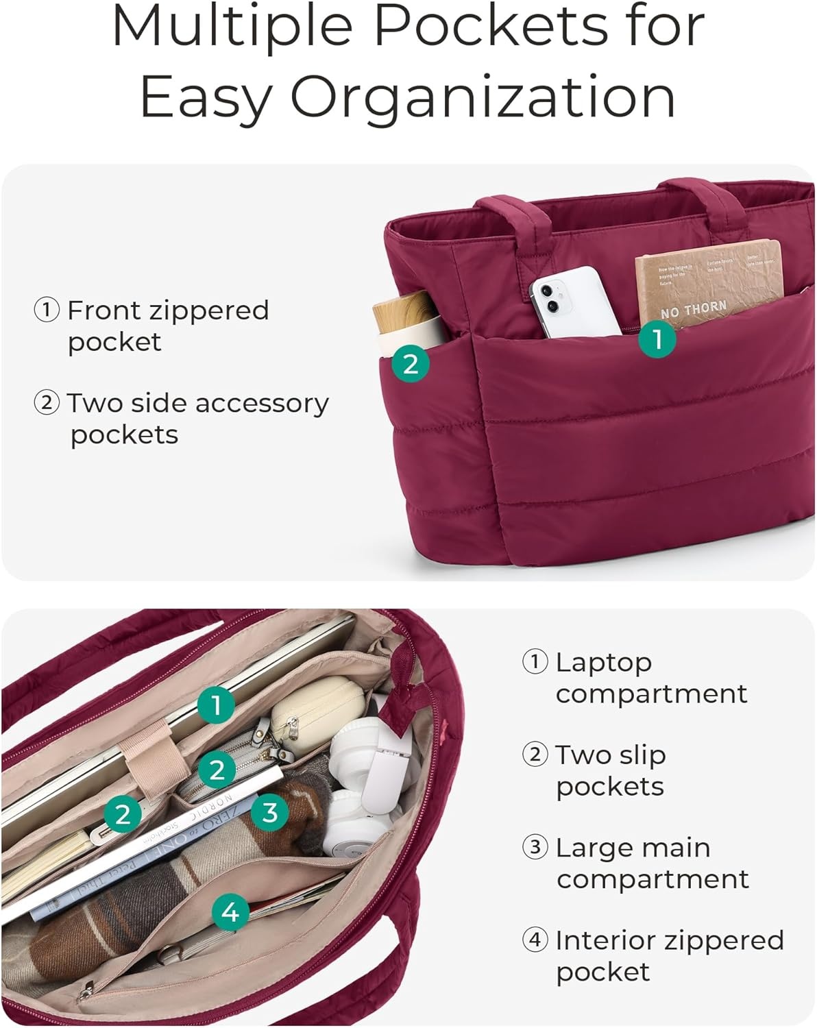 image:imageBAGSMART Tote Bag for Women Lightweight Puffy Tote Bag with Compartments Shoulder Bag Handbag for Travel Work Gym  LightweightVintage Berry