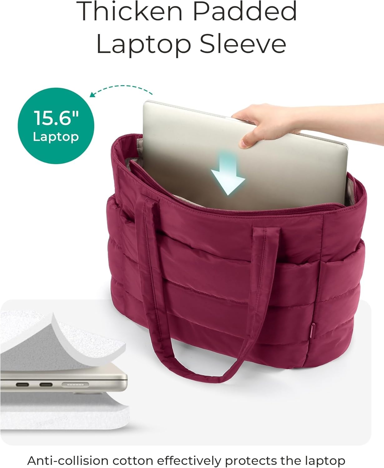 image:imageBAGSMART Tote Bag for Women Lightweight Puffy Tote Bag with Compartments Shoulder Bag Handbag for Travel Work Gym  LightweightVintage Berry
