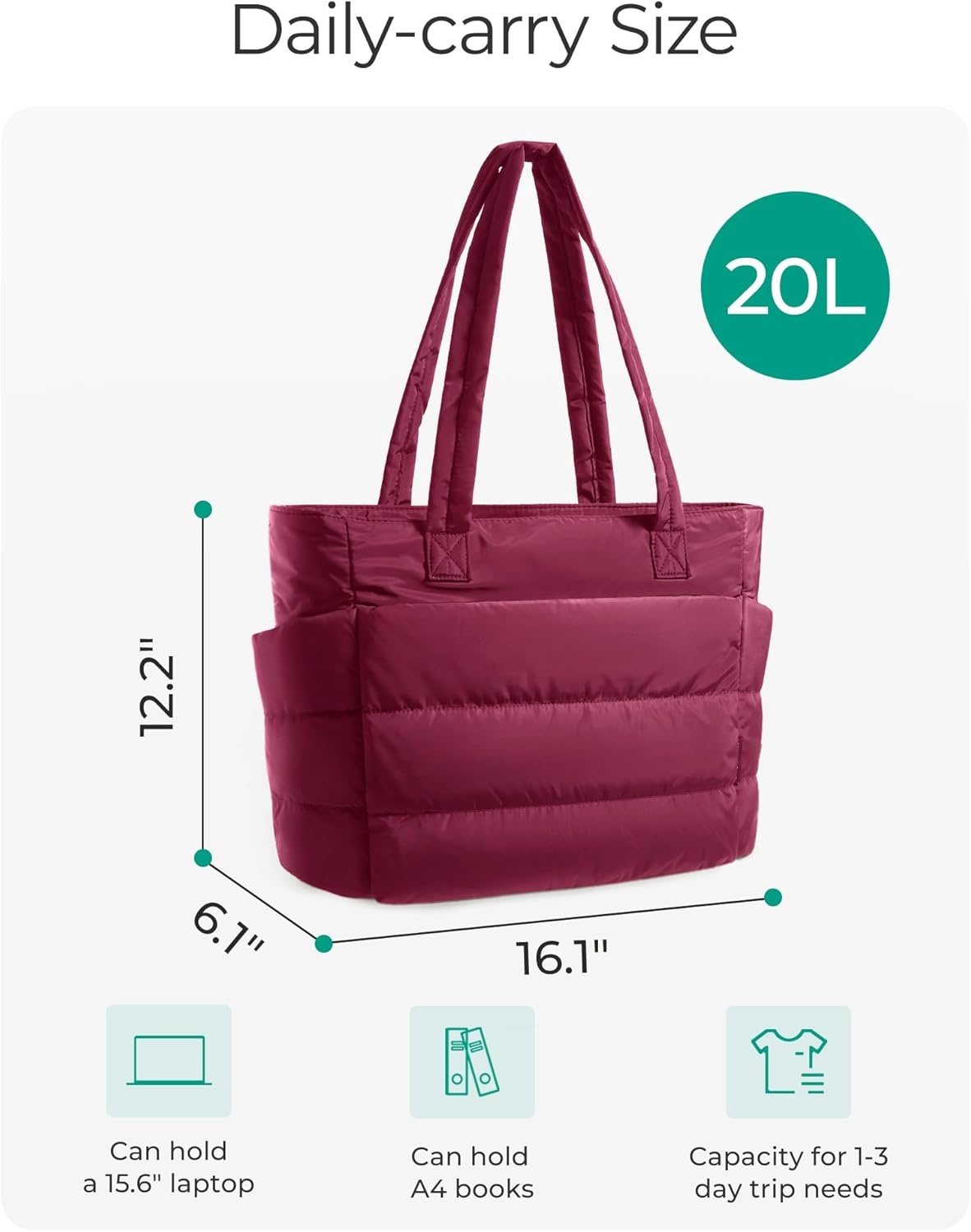 image:imageBAGSMART Tote Bag for Women Lightweight Puffy Tote Bag with Compartments Shoulder Bag Handbag for Travel Work Gym  LightweightVintage Berry