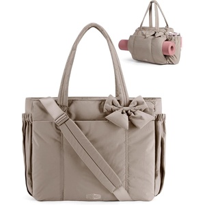 image:imageBAGSMART Crush Bow Tote Bag for Women Puffer Travel Work Yoga Laptop Bag  Large Bow Tote Fits 40oz Tumbler 156 Laptop Yoga Mat Sleeve Waterproof Pocket Travel Work Swim Gym Mom Shoulder HandbagLatte Brown