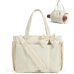 image:imageBAGSMART Crush Bow Tote Bag for Women Puffer Travel Work Yoga Laptop Bag  Large Bow Tote Fits 40oz Tumbler 156 Laptop Yoga Mat Sleeve Waterproof Pocket Travel Work Swim Gym Mom Shoulder HandbagBeige