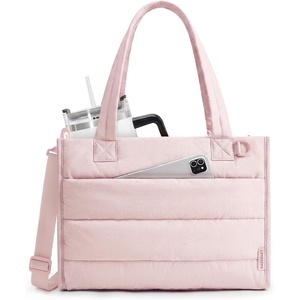 image:imageBAGSMART Small Tote Bag for Women Puffer Quilted Work Tote Bag Zipper Closure for Work Travel College Camel14lpink
