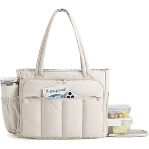 image:imageBAGSMART Tote Bag for Women 2Pc Puffy Tote Bag Set with Zipper Quilted Large Work Teacher Bag for TravelBeige
