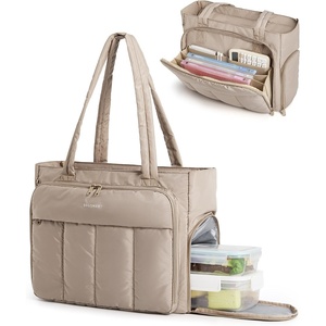 image:imageBAGSMART Tote Bag for Women 2Pc Puffy Tote Bag Set with Zipper Quilted Large Work Teacher Bag for TravelBrown2