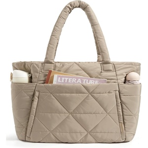 image:imageBAGSMART Tote Bag for Women Puffer Tote Bag with Zipper Large Quilted Shoulder Bag with Compartments for Travel Work GymCgrayish Brown
