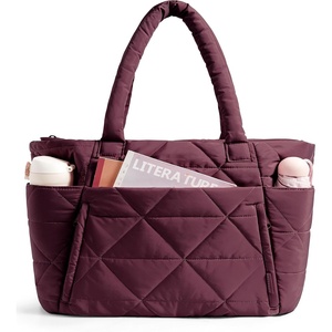 image:imageBAGSMART Tote Bag for Women Puffer Tote Bag with Zipper Large Quilted Shoulder Bag with Compartments for Travel Work GymCherry Red