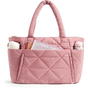 image:imageBAGSMART Tote Bag for Women Puffer Tote Bag with Zipper Large Quilted Shoulder Bag with Compartments for Travel Work GymGdark Pink