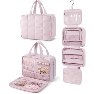 image:imageBAGSMART Travel Toiletry Bag with Jewelry Organizer Hanging Travel Bag for Toiletries Puffy Makeup Cosmetic Bag Organizer Carryon Travel Accessories Essentials BlackLPink1