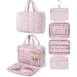 image:imageBAGSMART Travel Toiletry Bag with Jewelry Organizer Hanging Travel Bag for Toiletries Puffy Makeup Cosmetic Bag Organizer Carryon Travel Accessories Essentials BlackLPink2
