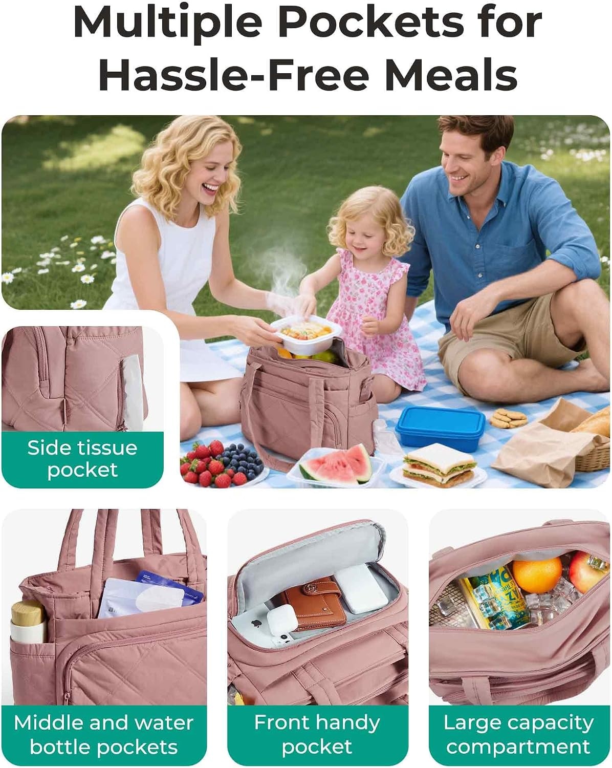 image:imageBAGSMART Lunch Bag Women Large Lunch Box Insulated Tote Bag with MultiPockets Quilted Puffy Tote for Work Outdoors01Dusky Pink