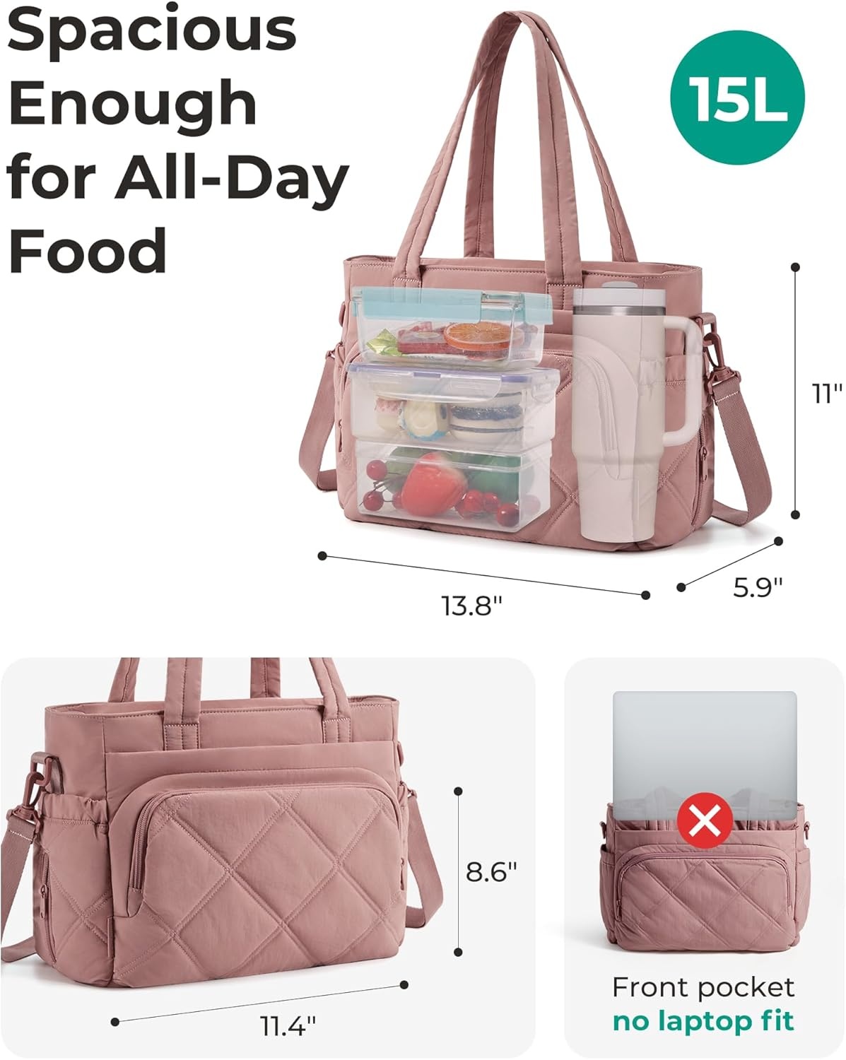 image:imageBAGSMART Lunch Bag Women Large Lunch Box Insulated Tote Bag with MultiPockets Quilted Puffy Tote for Work Outdoors02Brown