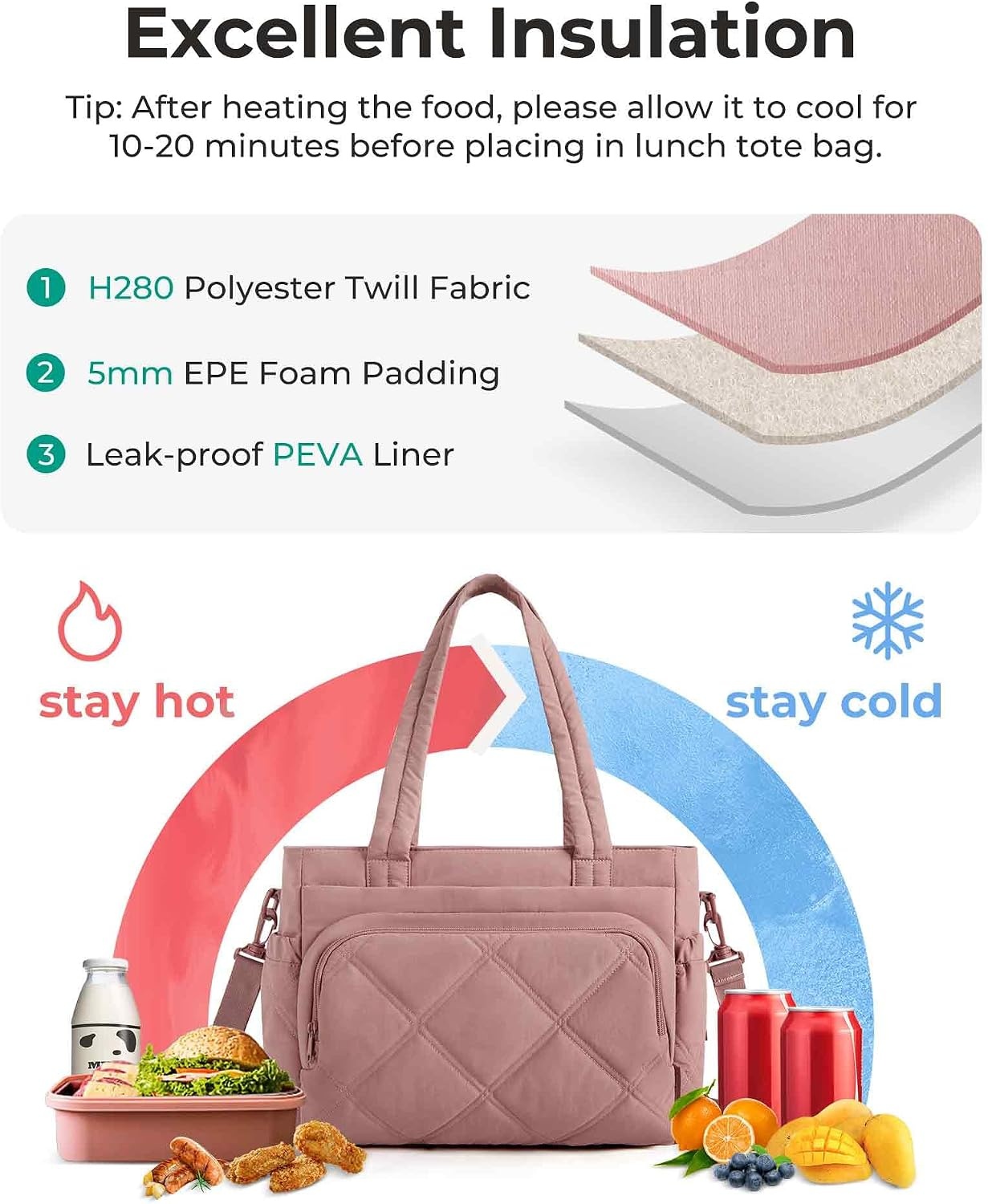 image:imageBAGSMART Lunch Bag Women Large Lunch Box Insulated Tote Bag with MultiPockets Quilted Puffy Tote for Work Outdoors05Gray