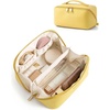 image:imageBAGSMART Makeup Bag Travel Cosmetic Bag Large Make Up Bag Flat Open Toiletry Bag for Women PU Leather Travel Essentials Organizer Case Wideopen Pouch Purse for Skincare Brushes Classic Brown19 Yellow