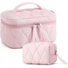 image:imageBAGSMART Travel Makeup Bag 2Piece Puffy Quilted Cute Make Up Bag Cosmetic Bags for Women Large WideOpen Toiletry Pouch Gifts for Toiletries Accessories Travelling Essentials Pink