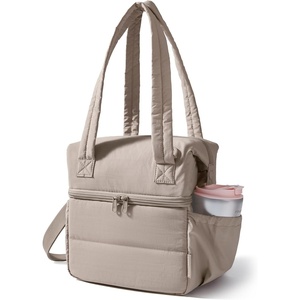 image:imageBAGSMART Double Deck Lunch Bag Women Insulated Reusable Lunch Box Quilted Puffer Lunch Tote with Shoulder Strap Durable Large Lunch Cooler For Work Picnic Travel Meal Prep Flight BlackCamel