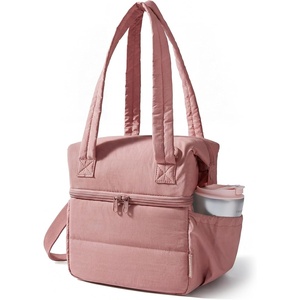 image:imageBAGSMART Double Deck Lunch Bag Women Insulated Reusable Lunch Box Quilted Puffer Lunch Tote with Shoulder Strap Durable Large Lunch Cooler For Work Picnic Travel Meal Prep Flight BlackNude Pink