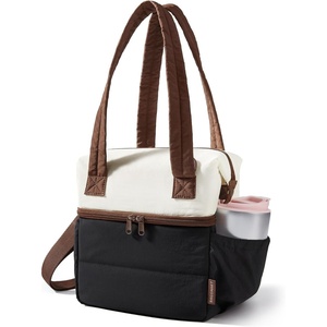 image:imageBAGSMART Double Deck Lunch Bag Women Insulated Reusable Lunch Box Quilted Puffer Lunch Tote with Shoulder Strap Durable Large Lunch Cooler For Work Picnic Travel Meal Prep Flight BlackBeige  Black