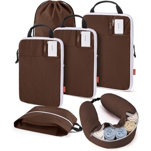 image:imageBAGSMART Exclusive Compression Packing Cubes for Travel with Neck Pillow  6 set travel essentials premium taslan organizer bags for budget airline carryons luggage suitcases closets cruisesCoffee Brown