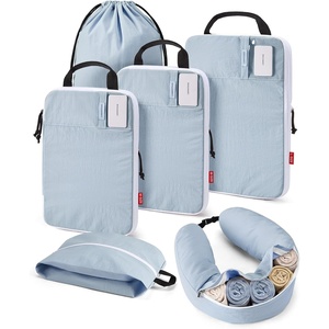 image:imageBAGSMART Exclusive Compression Packing Cubes for Travel with Neck Pillow  6 set travel essentials premium taslan organizer bags for budget airline carryons luggage suitcases closets cruisesDawn Blue