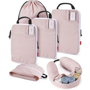 image:imageBAGSMART Exclusive Compression Packing Cubes for Travel with Neck Pillow  6 set travel essentials premium taslan organizer bags for budget airline carryons luggage suitcases closets cruisesBaby Pink