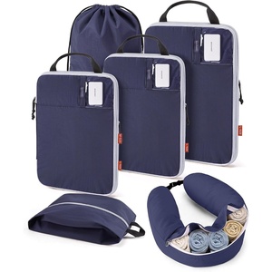 image:imageBAGSMART Exclusive Compression Packing Cubes for Travel with Neck Pillow  6 set travel essentials premium taslan organizer bags for budget airline carryons luggage suitcases closets cruisesNavy Blue