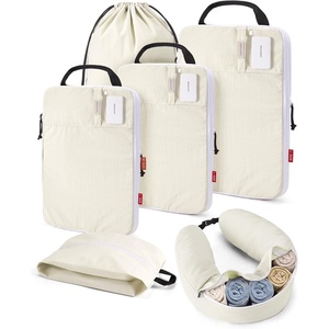 image:imageBAGSMART Exclusive Compression Packing Cubes for Travel with Neck Pillow  6 set travel essentials premium taslan organizer bags for budget airline carryons luggage suitcases closets cruisesBeige