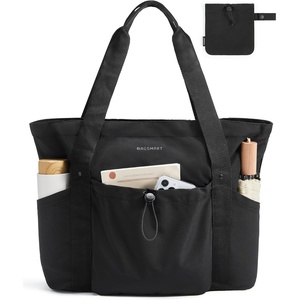 image:imageBAGSMART Foldable Tote Bag with Drawstring Bag Tote Bag Shoulder Bag Top Handle Handbag for Travel Work Beach GymFoldableblack