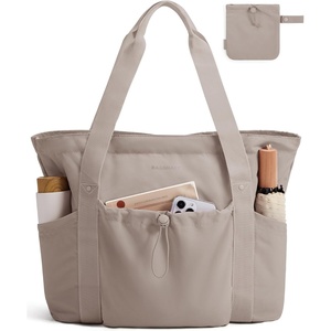 image:imageBAGSMART Foldable Tote Bag with Drawstring Bag Tote Bag Shoulder Bag Top Handle Handbag for Travel Work Beach GymGrayish Brown