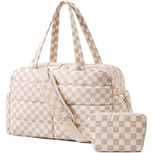 image:imageBAGSMART Gym Bag for Women Lightweight Puffer Duffle Bag 2PC Travel Bag 31L Weekender Overnight Bag Quilted Carry On Tote Bag Diaper Hospital Dance Bag for Travel Gym Water Resistant PinkKhaki checkered