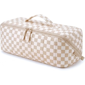 image:imageBAGSMART Hair Tool Organizer Travel Bag Compatible with Dyson Airwrap Shark Hair Dryer Wideopen Accessories Organizer with Heat Resistant Mat Makeup Bag for Dyson Attachments Curling Iron BlackKhaki Brown Checkered Print