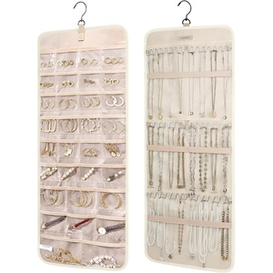 image:imageBAGSMART Hanging Jewelry Organizer Storage Roll with Hanger Metal Hooks DoubleSided Jewelry Holder for Earrings Necklaces Rings on Closet Wall Door 1 piece Large BlackBeige
