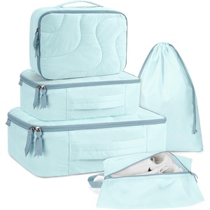 image:imageBAGSMART Hanging Packing Cubes for Travel Hanging Shelves for Suitcases Organizers Wet Dry Bags 5 Pack Travel Bags Reusable for Swimsuits BeigeBlue
