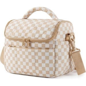 image:imageBAGSMART Lunch Bag Women Double Deck Insulated Lunch Box Quilted Puffer Lunch Tote Leakproof Durable amp Reusable Large Lunch Cooler For Work Picnic Travel Meal Prep Dark PinkPrintBrown Checkerboard