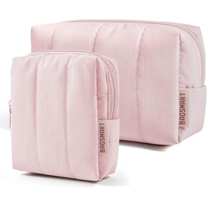 image:imageBAGSMART Makeup Bag Duo Set Puffy Padded Travel Cosmetic Organizer with Slipin Pockets Large Toiletry Bag amp Small Purse Pouch Travel Essentials for Women Blue Ditsy Floral12Baby Pink