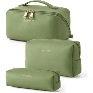 image:imageBAGSMART Makeup Bag Travel Cosmetic Bag Large Make Up Bag Flat Open Toiletry Bag for Women PU Leather Travel Essentials Organizer Case Wideopen Pouch Purse for Skincare Brushes Classic Brown36Dark Green