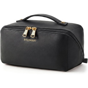 image:imageBAGSMART Makeup Bag Travel Cosmetic Bag Large Make Up Bag Flat Open Toiletry Bag for Women PU Leather Travel Essentials Organizer Case Wideopen Pouch Purse for Skincare Brushes Classic Brown02 Black