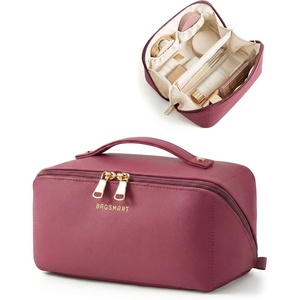 image:imageBAGSMART Makeup Bag Travel Cosmetic Bag Large Make Up Bag Flat Open Toiletry Bag for Women PU Leather Travel Essentials Organizer Case Wideopen Pouch Purse for Skincare Brushes Classic Brown15 Burgundy
