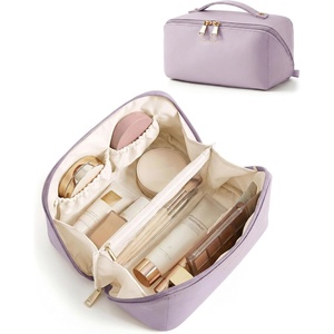 image:imageBAGSMART Makeup Bag Travel Cosmetic Bag Large Make Up Bag Flat Open Toiletry Bag for Women PU Leather Travel Essentials Organizer Case Wideopen Pouch Purse for Skincare Brushes Classic Brown11 Blush Purple
