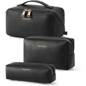 image:imageBAGSMART Makeup Bag Travel Cosmetic Bag Large Make Up Bag Flat Open Toiletry Bag for Women PU Leather Travel Essentials Organizer Case Wideopen Pouch Purse for Skincare Brushes Classic Brown32Black