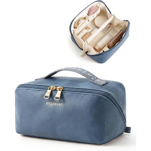 image:imageBAGSMART Makeup Bag Travel Cosmetic Bag Large Make Up Bag Flat Open Toiletry Bag for Women PU Leather Travel Essentials Organizer Case Wideopen Pouch Purse for Skincare Brushes Classic Brown21 Vintage Denim Blue