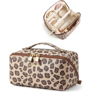 image:imageBAGSMART Makeup Bag Travel Cosmetic Bag Large Make Up Bag Flat Open Toiletry Bag for Women PU Leather Travel Essentials Organizer Case Wideopen Pouch Purse for Skincare Brushes Classic Brown06 Brown Leopard