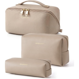 image:imageBAGSMART Makeup Bag Travel Cosmetic Bag Large Make Up Bag Flat Open Toiletry Bag for Women PU Leather Travel Essentials Organizer Case Wideopen Pouch Purse for Skincare Brushes Classic Brown35Camel
