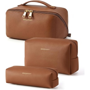 image:imageBAGSMART Makeup Bag Travel Cosmetic Bag Large Make Up Bag Flat Open Toiletry Bag for Women PU Leather Travel Essentials Organizer Case Wideopen Pouch Purse for Skincare Brushes Classic Brown34Coffee Brown
