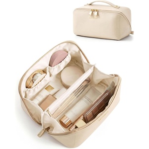 image:imageBAGSMART Makeup Bag Travel Cosmetic Bag Large Make Up Bag Flat Open Toiletry Bag for Women PU Leather Travel Essentials Organizer Case Wideopen Pouch Purse for Skincare Brushes Classic Brown10 Cream Beige