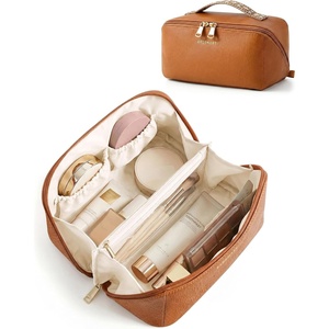 image:imageBAGSMART Makeup Bag Travel Cosmetic Bag Large Make Up Bag Flat Open Toiletry Bag for Women PU Leather Travel Essentials Organizer Case Wideopen Pouch Purse for Skincare Brushes Classic Brown14 Vintage Brown