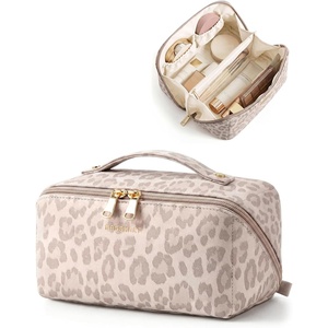 image:imageBAGSMART Makeup Bag Travel Cosmetic Bag Large Make Up Bag Flat Open Toiletry Bag for Women PU Leather Travel Essentials Organizer Case Wideopen Pouch Purse for Skincare Brushes Classic Brown07 Pink Leopard