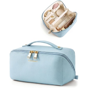 image:imageBAGSMART Makeup Bag Travel Cosmetic Bag Large Make Up Bag Flat Open Toiletry Bag for Women PU Leather Travel Essentials Organizer Case Wideopen Pouch Purse for Skincare Brushes Classic Brown12 Sky Blue