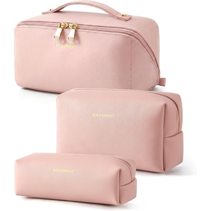 image:imageBAGSMART Makeup Bag Travel Cosmetic Bag Large Make Up Bag Flat Open Toiletry Bag for Women PU Leather Travel Essentials Organizer Case Wideopen Pouch Purse for Skincare Brushes Classic Brown33Nude Pink