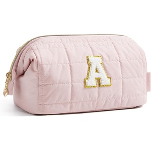 image:imageBAGSMART Makeup Bag Travel Toiletry Bag Puffy Padded Make Up Bags for Women Makeup Organizer Case Wideopen Pouch Purse Travel Essentials Toiletries Accessories Brushes Apricot Pink29Letter A