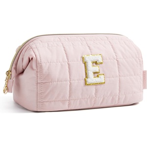 image:imageBAGSMART Makeup Bag Travel Toiletry Bag Puffy Padded Make Up Bags for Women Makeup Organizer Case Wideopen Pouch Purse Travel Essentials Toiletries Accessories Brushes Apricot Pink32Letter E